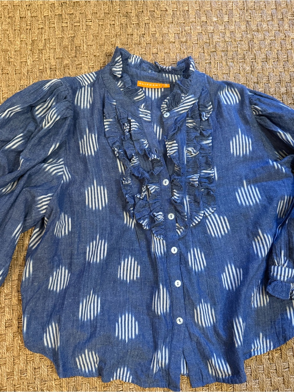 Oliphant Indigo Blue Ruffle-Front Button Down Shirt. Size small. Worn once